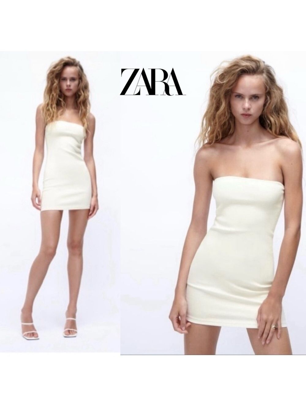 Zara Ivory white stretchy denim jean strapless Bandeau mini bodycon dress M NWT